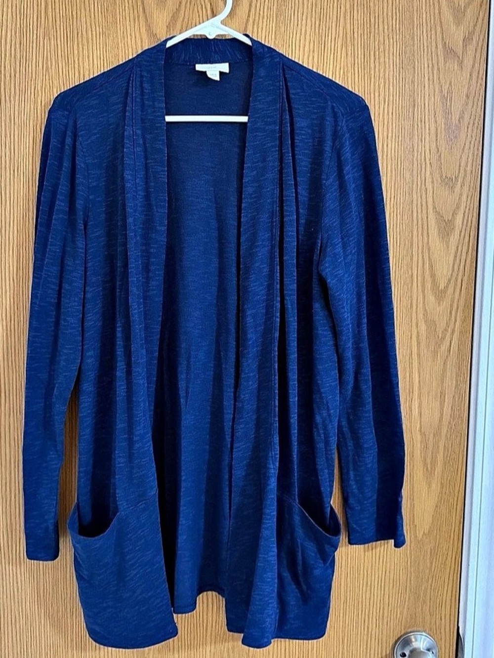 J. Jill Linen Women’s M Cardigan Cozy Blue Open Front Pockets Long Sleeve Knit
